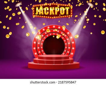 Jackpot shining banner podium platform winner falling gold coins. Round red stage pedestal fo award ceremony. Vector illustration