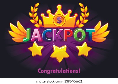 Jackpot with shooting stars on violet background. Casino jackpot winner awards with colored text and wings. Vector objects on separate layers.