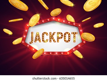 Jackpot sign with falling gold coins. Shining retro banner. Vector illustration.