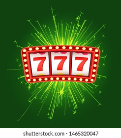 Jackpot sign with firework, cover of winning, lottery bingo. Gambling logo with 777 icons and sparkle on green, game machine, business success vector