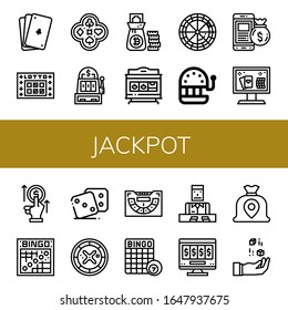 jackpot simple icons set. Contains such icons as Poker, Lotto, Slot machine, Money bag, Roulette, Online casino, Bet, Bingo, Dice, Baccarat, can be used for web, mobile and logo