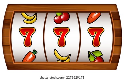 Jackpot. Slot machine with three sevens and bar. Screen slot machine in a wooden frame. Vector clipart.