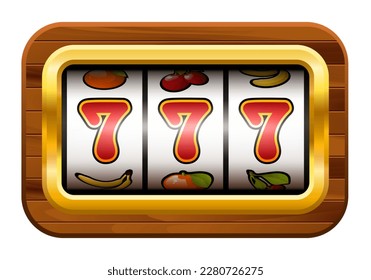 Jackpot. Slot machine with three sevens and bar. Screen slot machine in a wooden frame. Vector clipart.