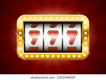 Jackpot. Slot machine with three sevens. Screen slot machine in a golden frame with light bulbs. Vector clipart.