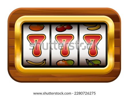 Jackpot. Slot machine with three sevens and bar. Screen slot machine in a wooden frame. Vector clipart.
