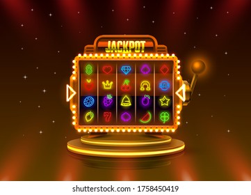Jackpot slots neon icons, casino slot sign machine, night Vegas. Vector illustration