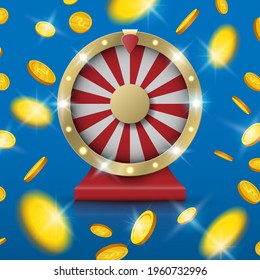 Jackpot spinning fortune wheel with Gold coins explosion from the center, vector illutration
