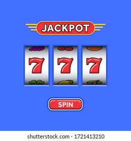 Jackpot triple seven in a blue slot machine. Lucky seven. Casino vegas game. Slot machine game prize. Win 777 jackpot
