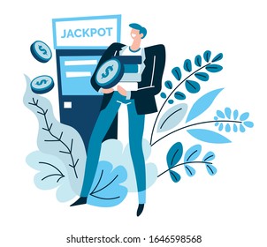 Jackpot win at casino, man carries coins or poker chips stack, gambling game winner vector. Player, luck or fortune, sport and entertainment, stakes and betting. Gambler, poker and blackjack or holdem