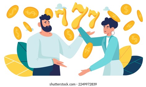 Jackpot win or Lottery win, people holding coins three sevens slot machine game, money lottery, big jackpot 777. slot machine or lottery winner character vector flat illustration lucky winners 