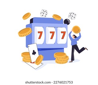 Ganancia del bote o victoria de la lotería, gente sosteniendo monedas con tres tragaperras de juego, lotería de dinero, gran jackpot 777. máquina tragamonedas o lotería personaje ganador vector ilustración plana ganadores afortunados