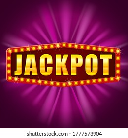 Banner del ganador del Jackpot signo retro brillante iluminado por vector de focos