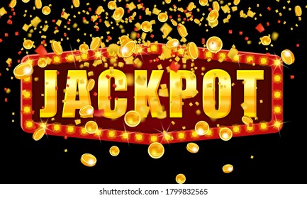 Jackpot Winner banner shining retro sign illuminated by spotlights falling coins and confetti. Lottery cazino vector illustration isolated