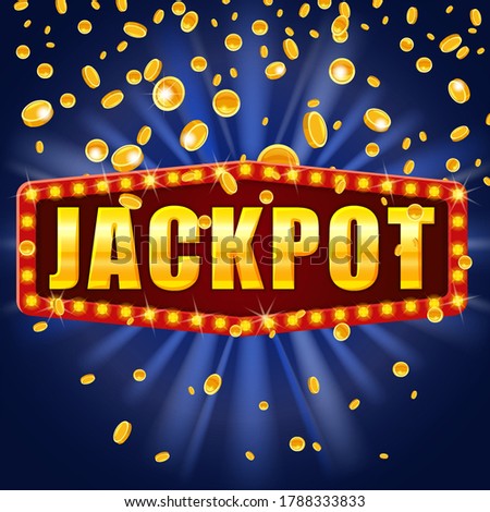 Jackpot Winner banner shining retro sign illuminated by spotlights falling coins. Lottery cazino vector illustration isolated