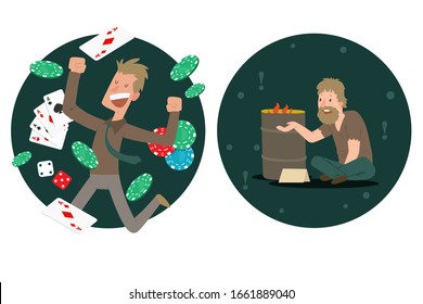 Ganador del Jackpot comparado con hombre sin hogar, gente rica y pobre personajes de caricaturas, ilustración vectorial. Un tipo feliz celebrando la victoria en los juegos de casino. Mendigos desempleados en la calle lo perdieron todo