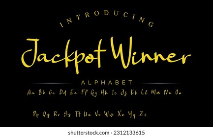 Jackpot Winner Lettering signature font isolated on grey background. brus style alphabet. Vector logo letters.