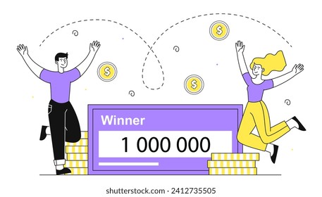 Jackpot winners linear concept. Man and woman jump near golden coins and ticket with prize. Gambling and games for luck. Young guy and girl play in lotery. Doodle flat vector illustration