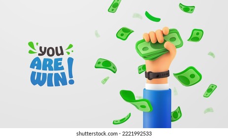 Jackpot winning celebration. Lottery winner vector illustration. Businessman hand catch stack of bills. Falling money and cartoon arm on white background.