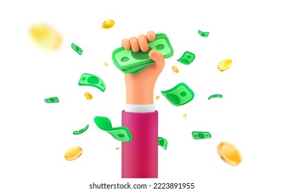 Jackpot winning celebration. Lottery winner vector illustration. Human hand catch stack of bills. Falling money and cartoon arm on white background. Design elements