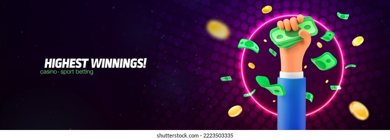 Jackpot winning celebration vector banner. Lottery winner illustration. Sport or casino betting neon lights banner. Human hand catch stack of bills. Falling money and cartoon arm on dark background.