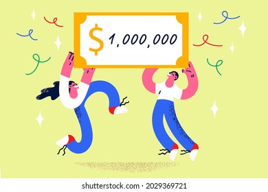 Jackpot, winning money cash concept. Two happy young smiling people standing holding certificate for one million dollars in hands feeling excited celebrating vector illustration 