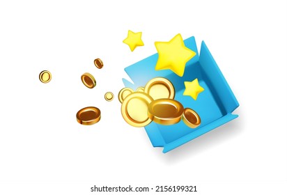 Jackpot! Your lucky bonus. Win concept with golden coins flying out of the openn box