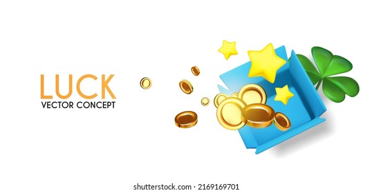 Jackpot! Your lucky bonus. Win concept with golden coins, shamrock, flying out of the openn box