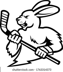 Jackrabbit With Ice Hockey Stick Mascot Black and White