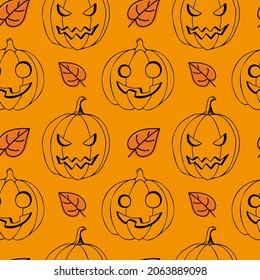  Jack's lamp seamless pattern. Pumpkins and leaves on an orange Halloween background.