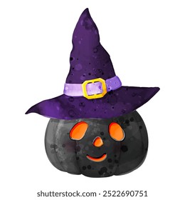  Jack's Lantern with witch's hat. Vector  Watercolor Illustration