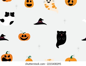 Jack's o lantern pumpkins with cute cat's ghost seamless wallpaper and Halloween gift wrapped in flat style and vector design.