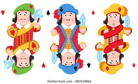 Jacks of three suits: hearts, clubs and diamonds. Playing cards with cartoon cute characters.