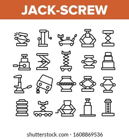 Jack-screw Equipment Collection Icons Set Vector Thin Line. Mechanical, Hydraulic And Air Car Jack-screw, Service Tool For Repair Wheel Concept Linear Pictograms. Monochrome Contour Illustrations
