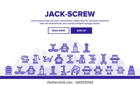 Jack-screw Equipment Landing Web Page Header Banner Template Vector. Mechanical, Hydraulic And Air Car Jack-screw, Service Tool For Repair Wheel Illustration