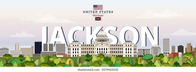 Jackson city skyline colorful vector illustration. Travel poster