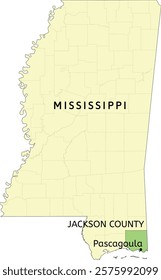 Jackson County and city of Pascagoula location on Mississippi state map