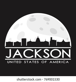 Jackson Full Moon Night Skyline Silhouette Design City Vector Art Logo.
