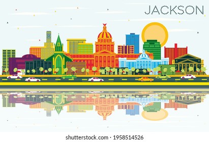 Jackson Mississippi City Skyline with Color Buildings, Blue Sky and Reflections. Vector Illustration. Travel and Tourism Concept with Historic Architecture. Jackson USA Cityscape with Landmarks.