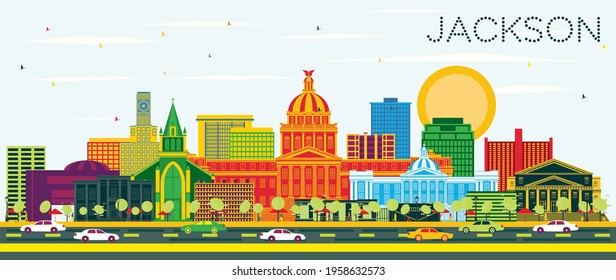 Jackson Mississippi City Skyline mit Color Buildings und Blue Sky. Vektorgrafik. Reise- und Tourismuskonzept mit historischer Architektur. Jackson USA City mit Landmarks.