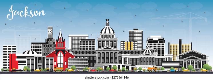 Jackson Mississippi City Skyline with Gray Buildings and Blue Sky. Vector Illustration. Business Travel and Tourism Concept with Historic Architecture. Jackson USA Cityscape with Landmarks.