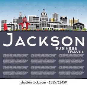 Jackson Mississippi City Skyline with Gray Buildings, Blue Sky and Copy Space. Vector Illustration. Travel and Tourism Concept with Historic Architecture. Jackson USA Cityscape with Landmarks.