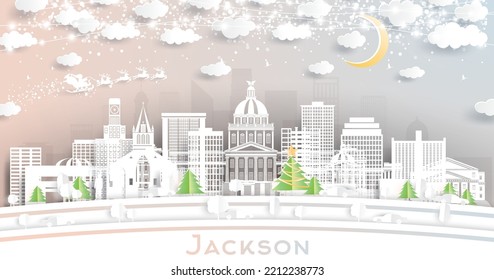 Jackson Mississippi City Skyline in Paper Cut Style with Snowflakes, Moon and Neon Garland. Vector Illustration. Christmas and New Year Concept. Santa Claus on Sleigh. Jackson Cityscape Landmarks.