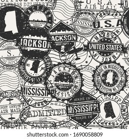 Jackson, MS, USA Stamps Background. A City Stamp Vector Art. Set of Postal Passport Travel. Design Set Pattern.