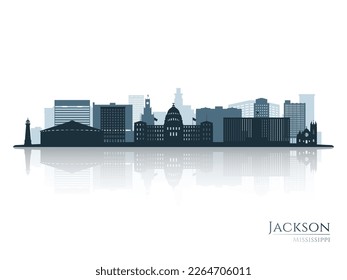 Jackson skyline silhouette with reflection. Landscape Jackson, Mississippi. Vector illustration.