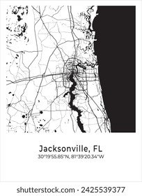 Stadtplan von Jacksonville. Reiseposter Vektor-Illustration mit Koordinaten. Jacksonville, Florida, Vereinigte Staaten von Amerika Karte im Lichtmodus.