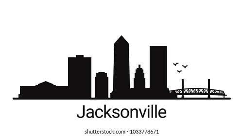 Jacksonville city outline skyline. All Jacksonville buildings - customizable objects, so you can simple change skyline composition. Minimal design.