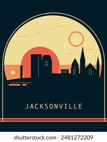 Jacksonville city retro style poster with skyline, cityscape. USA Florida state vintage vector illustration. US front cover, brochure, flyer, leaflet template, layout image