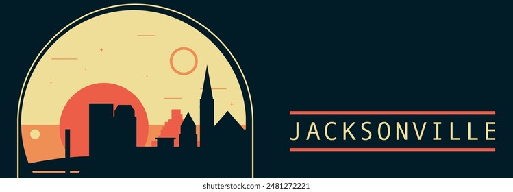 Anuncio de Vector de estilo retro de la ciudad de Jacksonville con horizonte, paisaje urbano. Ilustración Horizontal vintage del estado de Florida. Diseño de viajes de los Estados Unidos de América para presentación de Web, encabezado, pie de página