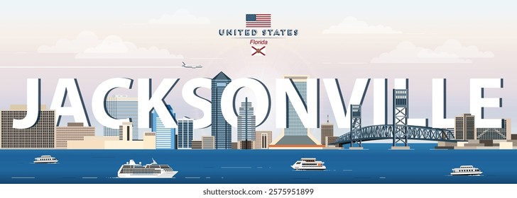 Jacksonville city skyline colorful vector illustration. Travel poster