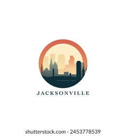 Jacksonville cityscape, vector gradient badge, flat skyline logo, icon. USA, Florida state city round emblem idea with landmarks and building silhouettes. Isolated abstract graphic